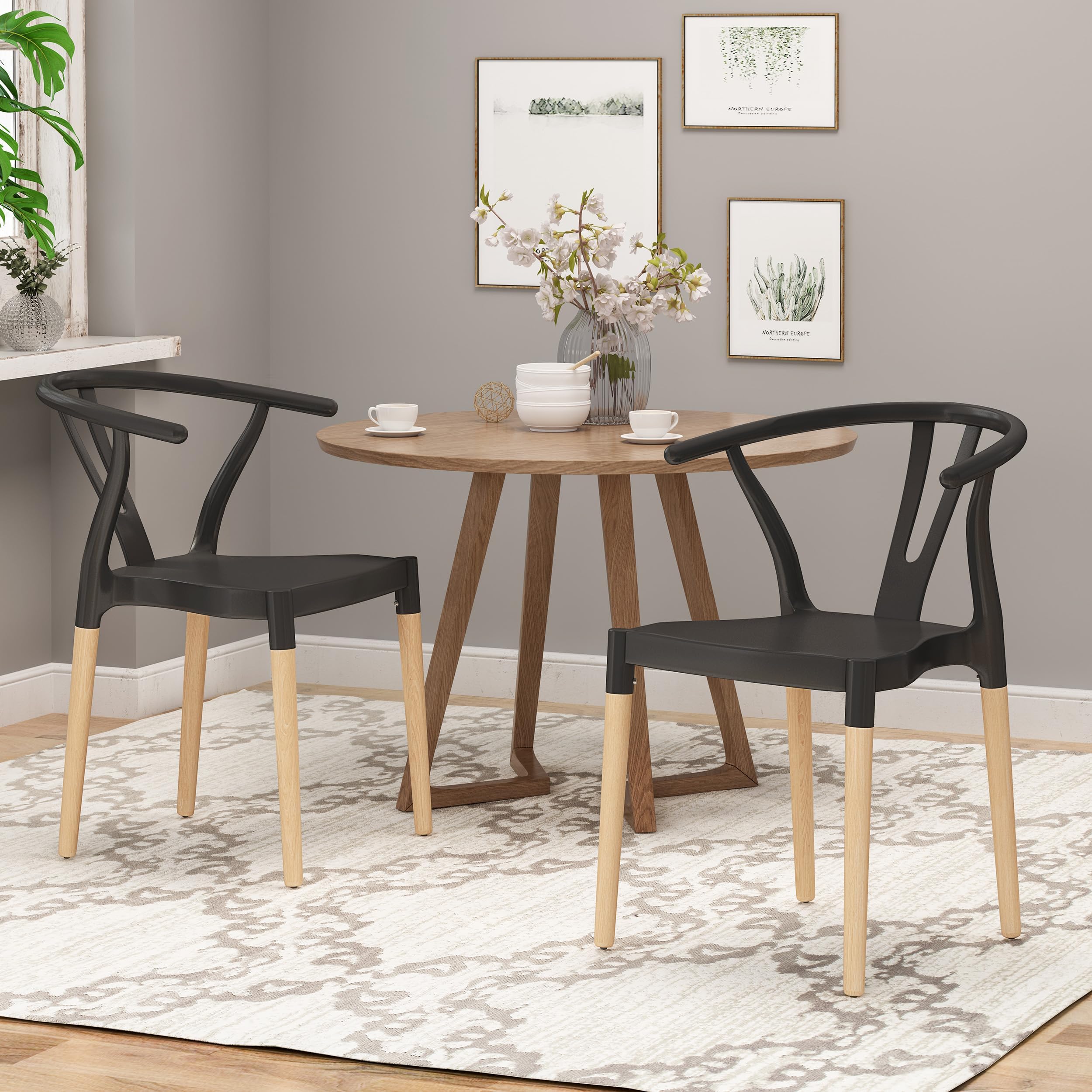 Azhht Modern Dining Chairs Set of 2, Plastic Shell with Beechwood Tapered Legs, Minimalist Stackable Dining Room Chairs, Sturdy & Lightweight, Easy Assembly, Black