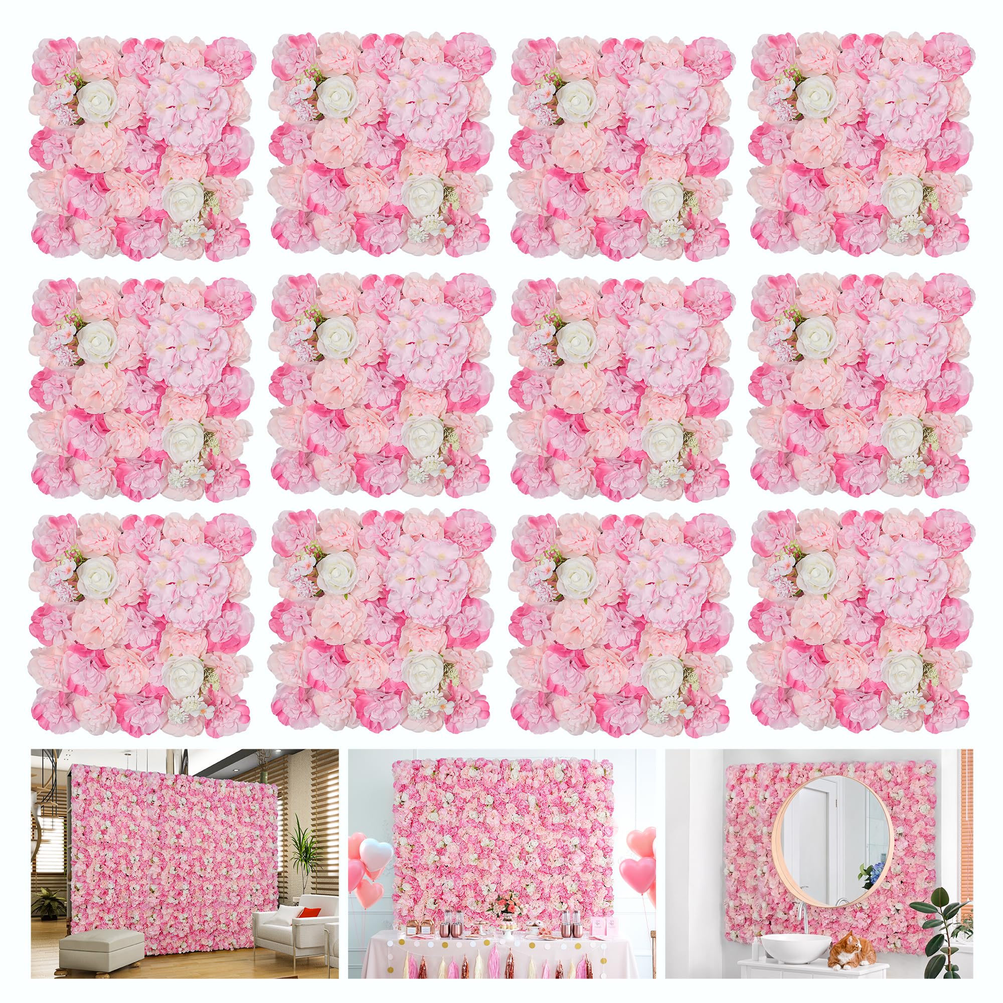 Photo 1 of RIDDSEE Flower Wall Backdrop 12pcs 16.5"x16.5"Artificial Floral Panels-Pink