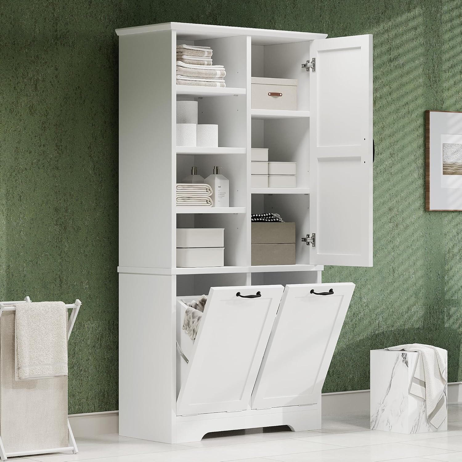 Merax Cabinet with Tilt-Out Laundry Hamper Basket, Tall Bathroom Storage Organizer Linen with Open Shelf for Home, Freestanding, White