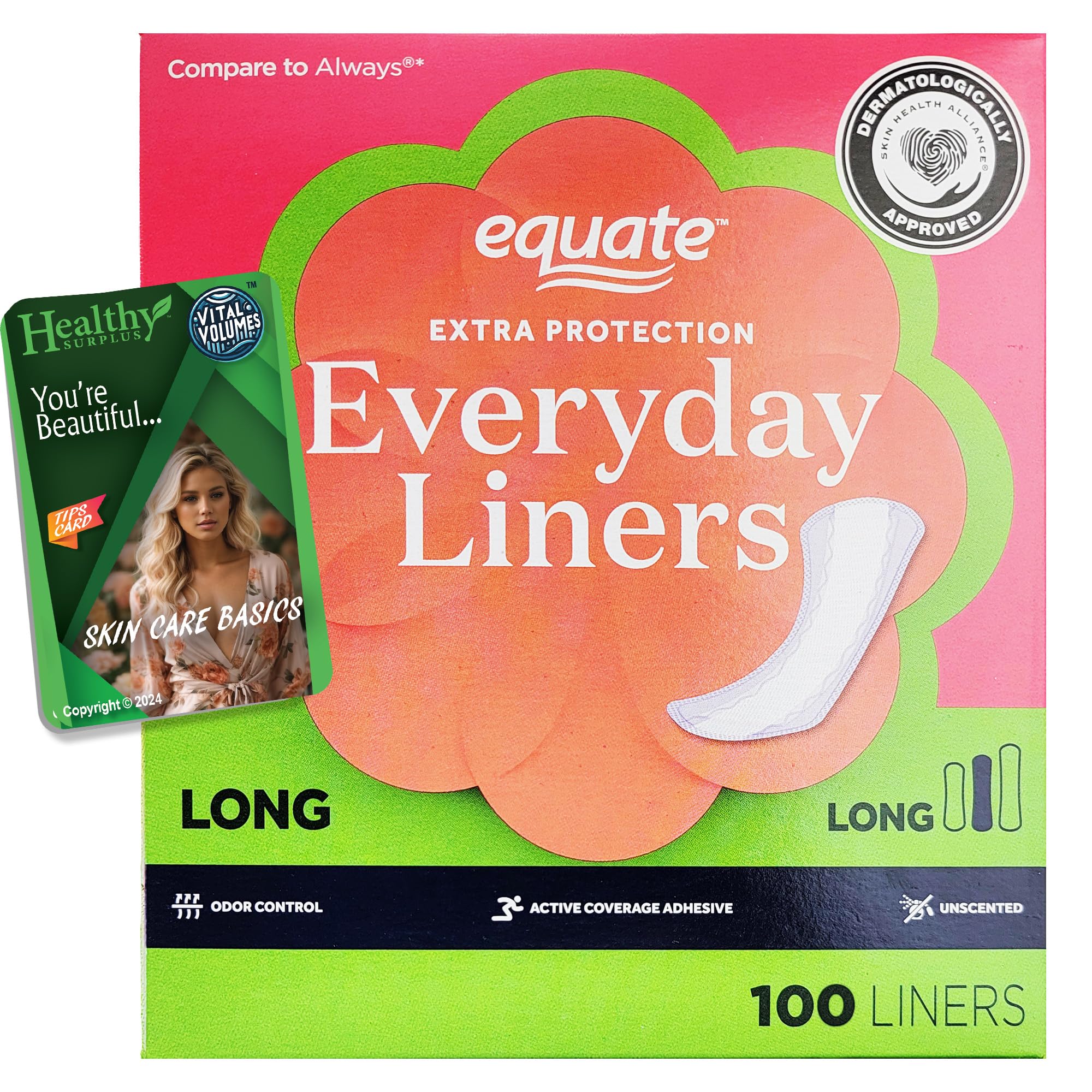 Healthy Surplus Equate Everyday Liners - Long - 108 Liners with Active Coverage and Vital Volumes Care Basics Tips Card - Bundle