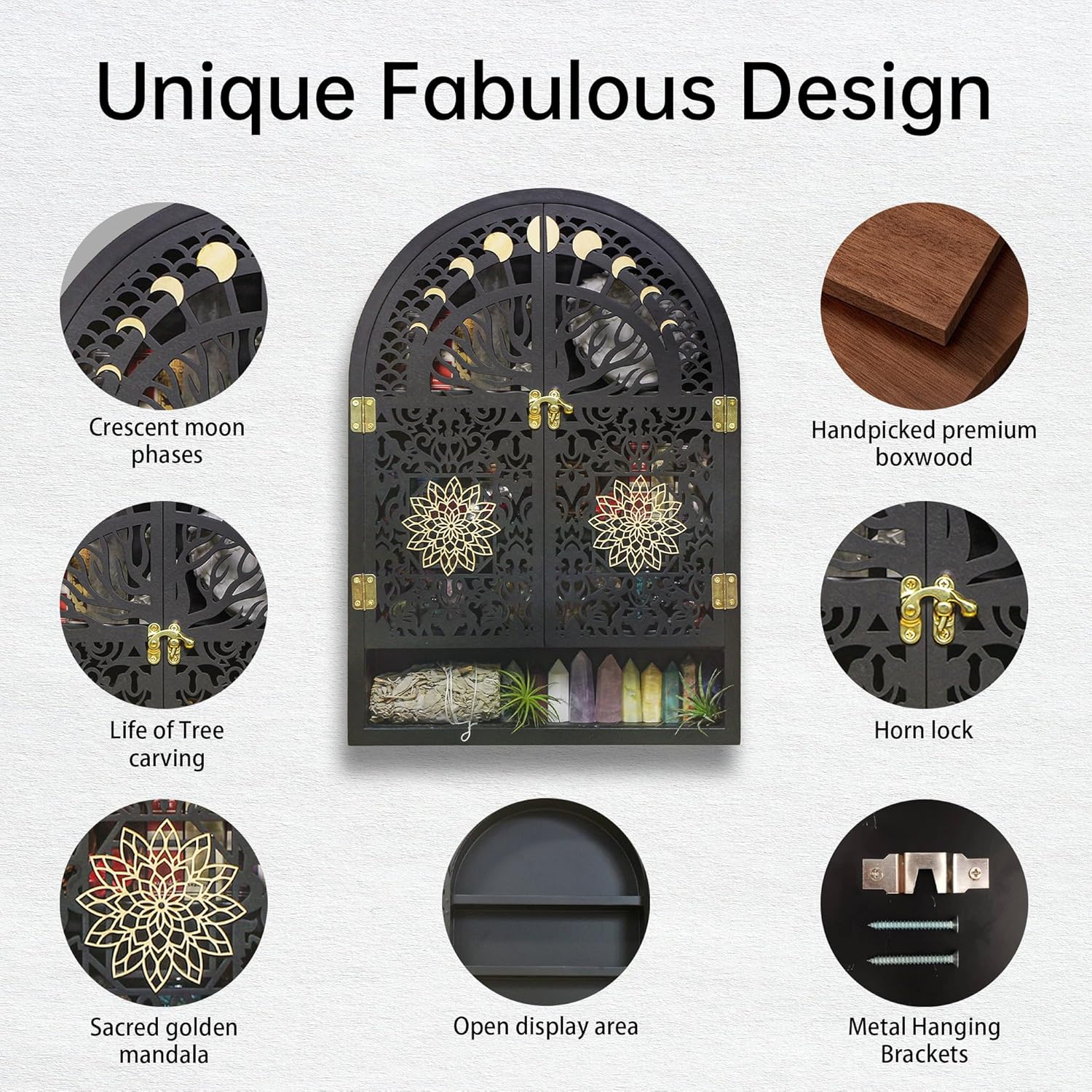 Large Crystal Display Shelf for Wall, Crescent Moon Phase Shelf Wall Decor, Wooden Arch Shelf, Tree of Life Crystal Holder Organizer, Cabinet for Gem Stone Rock, Spiritual Home Room Decor