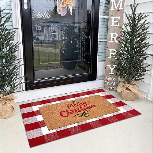 Juego combinado de tapetes de puerta de Navidad, tapete de bienvenida 100% fibra de coco + alfombra a cuadros rojos y blancos de 28 x 43 pulgadas,