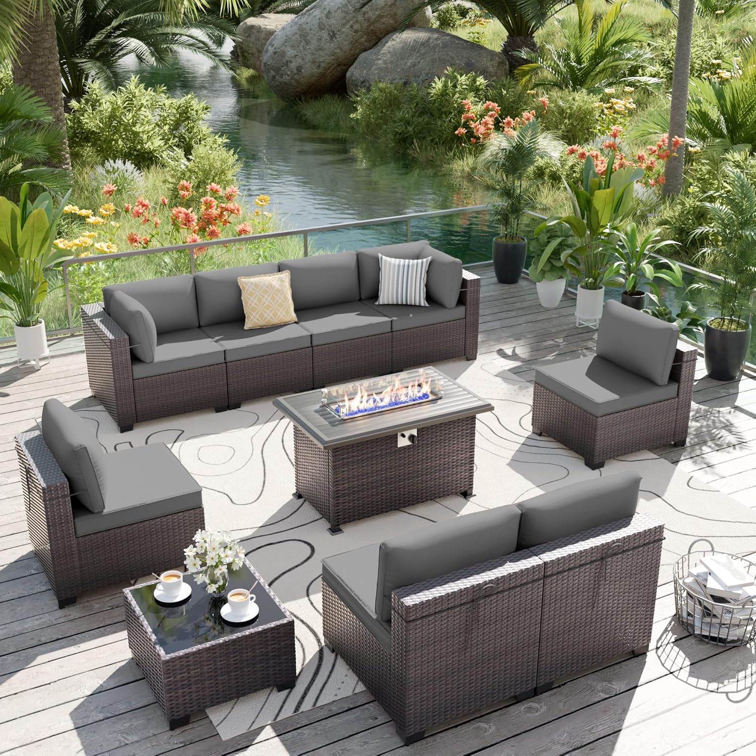 ALAULM 10 Pieces Patio Furniture Set with Propane Fire Pit