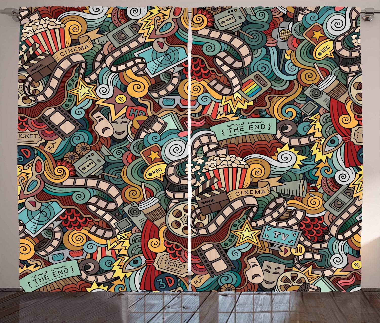 Ambesonne Hipster Curtains, Cinema Items Combined in an Abstract Style Popcorn Movie Reel The End Theatre, Living Room Bedroom Window Drapes 2 Panel Set, 108" X 90", Burgundy Teal