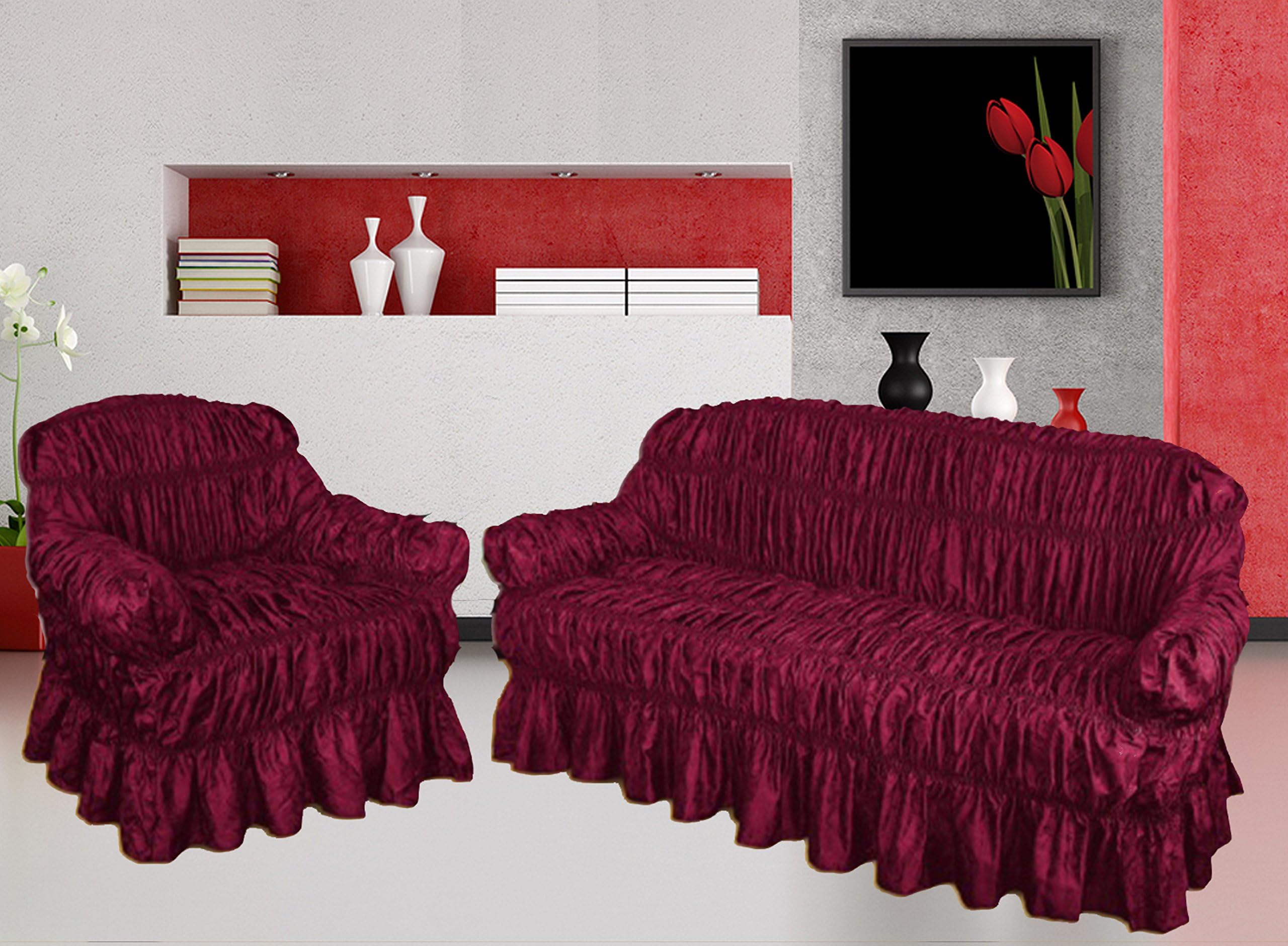 NAKUK HOME COLLECTION Sofa Cover 3 2 1 Seater Jacquard - Universal Elastic Fitting (Arm Chair, BURGUNDY)
