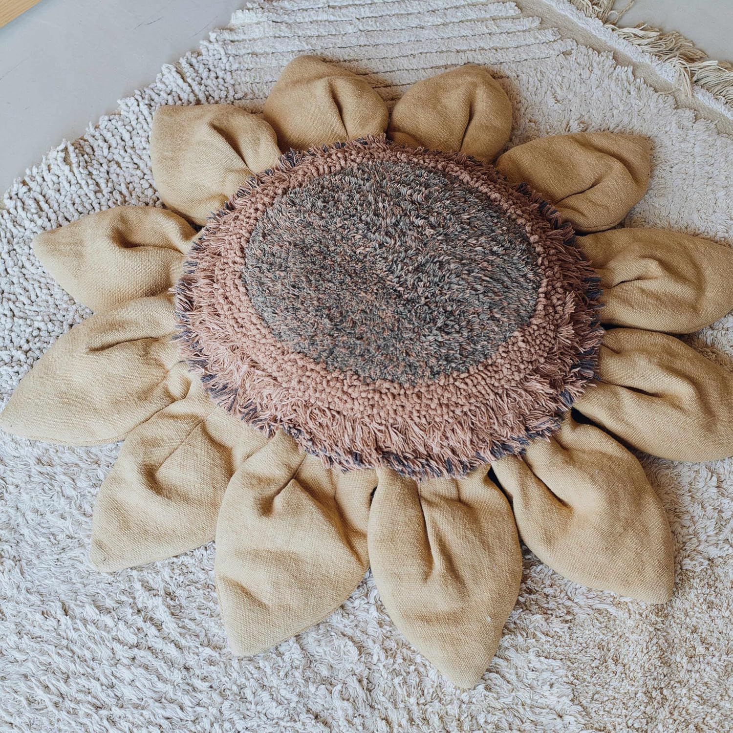 Lorena Canals Floor Cushion Sunflower, 2'11" x 2'11" for Bedroom, Handmade, Sunflower.