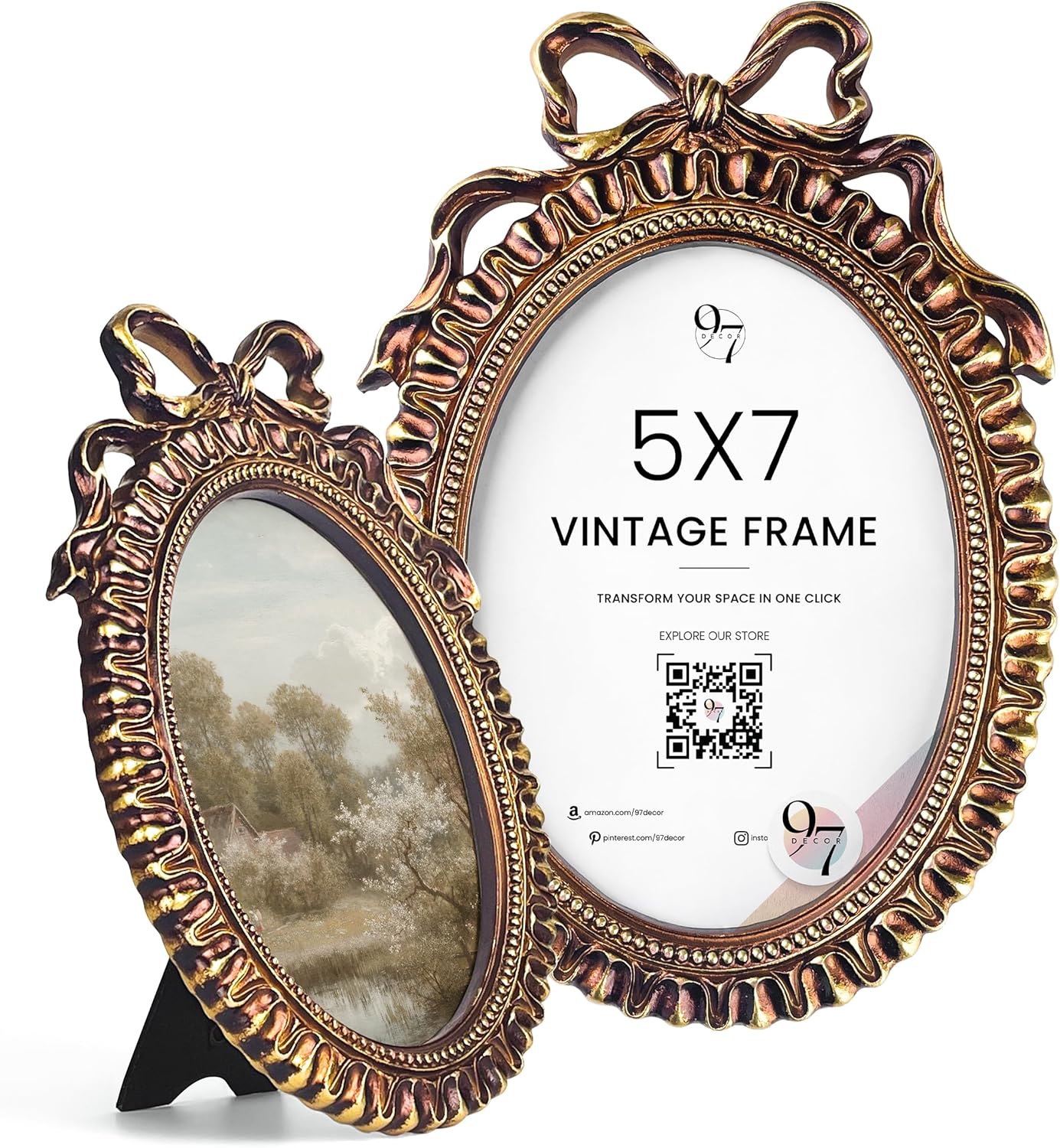 97 Decor 5x7 Oval Picture Frame - Vintage 5x7 Picture Frame Gold, Rustic 5x7in Gold Frame, Ornate Photo Frame 5 By 7 Picture Frames For Tabletop And Wall Hanging