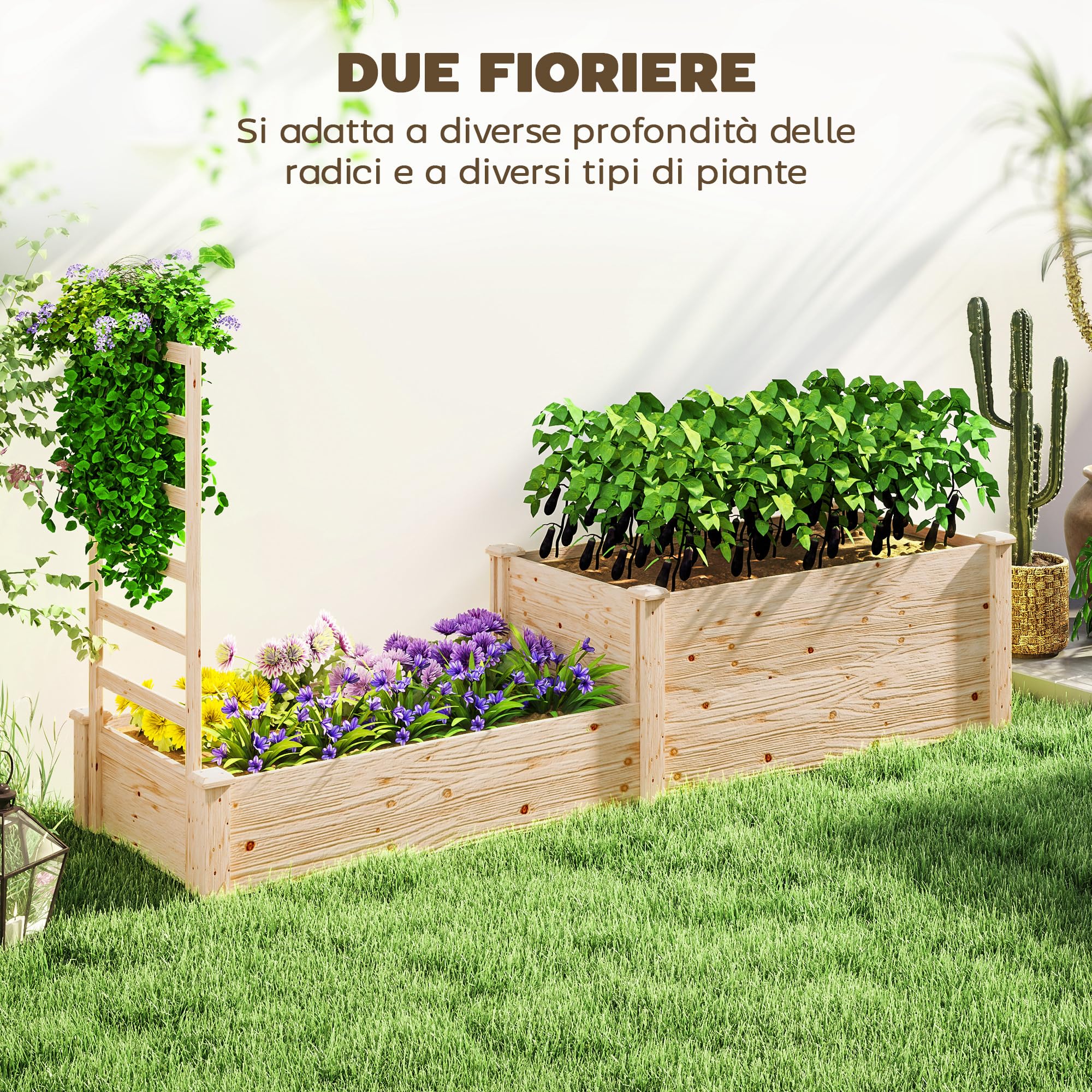 Outsunny Letto per Orto Rialzato da Esterno con Grigliato, Fondo Aperto e 2 Divisorio, Fioriera con Traliccio per Piante Rampicanti in Legno di Abete, per Balcone, 222x63x132 cm, Color Legno