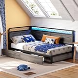 ANCTOR Twin Daybed with Storage Drawers, Corner Bed Frame with LED Lights and Charging Station for Living Room, Bedroom and Guest Room, Charcoal Grey