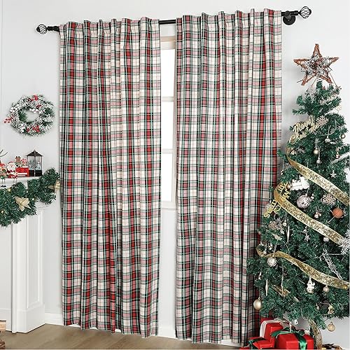 Scottish Plaid Christmas Curtains Green White Geometric Tartan Vintage Holiday