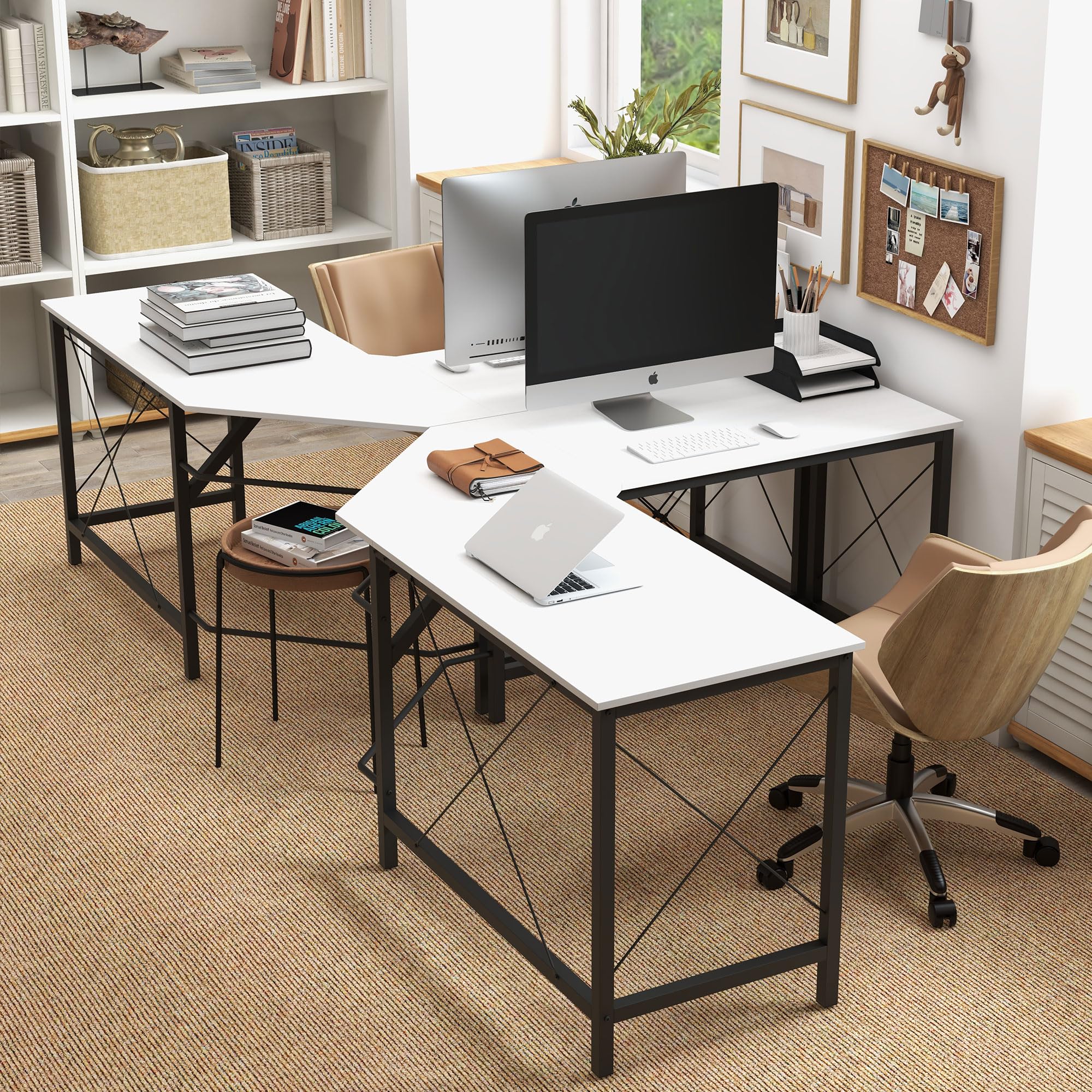 HOMCOM Scrivania a L Scrivania moderna ad angolo con struttura in acciaio Portata 70 kg per ufficio casa studio 150x150x76 cm Bianco