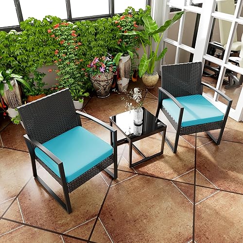 Miniatura 6 de Juego de muebles de patio de 3 piezas, sillas de mimbre con mesa auxiliar, marco de metal, para balcón al aire libre, porche