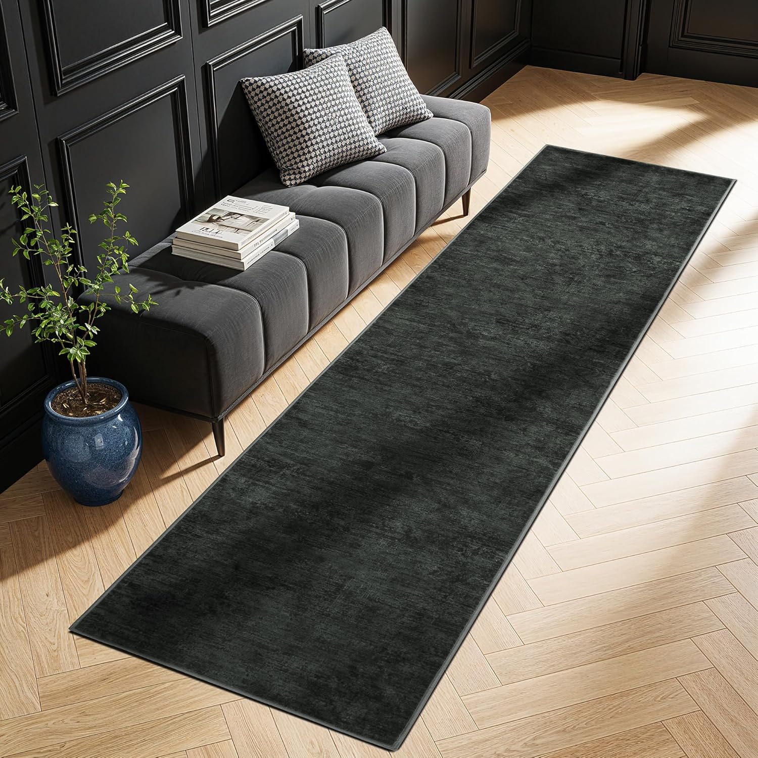 LIANLAM Washable 2x6 Runner Rugs for Hallway Kitchen Bedroom Beside Laundry Room Bathroom Black Rug - Stain Resistant Non-Slip Backing,Pet & Kids Friendly Low Pile 24x72 Floor Carpet(2x6,Black)
