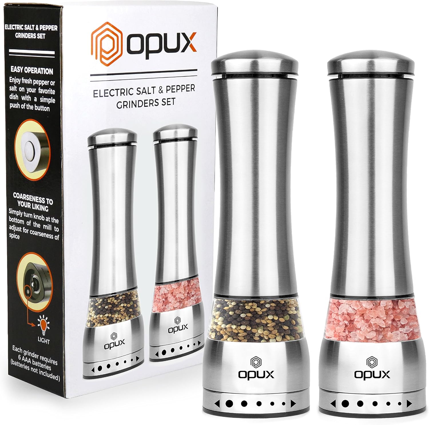 OPUX Electric Salt and Pepper Grinder Set Battery Operated Pepper Mill with LED
