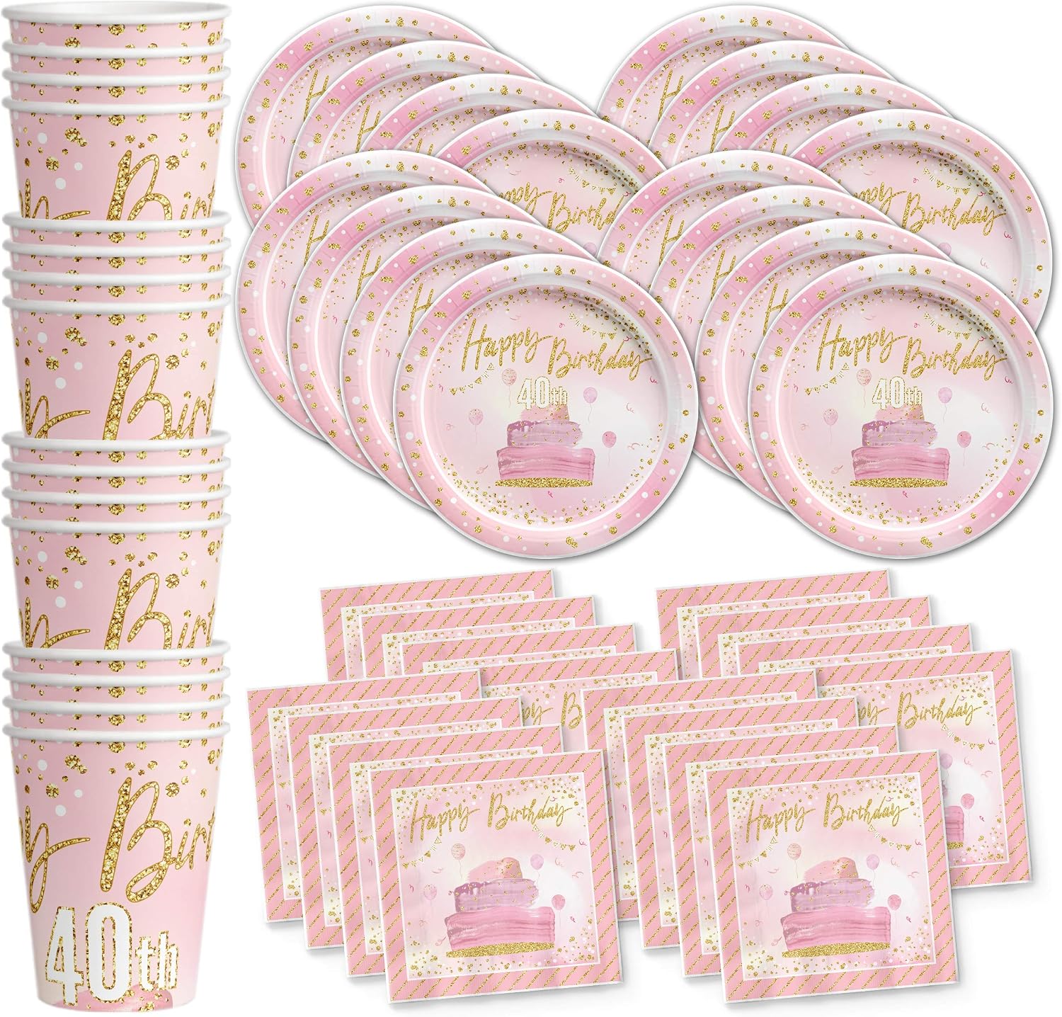 40th Pink and Gold Birthday Party Supplies Set Plates Napkins Cups Tableware Kit for 16