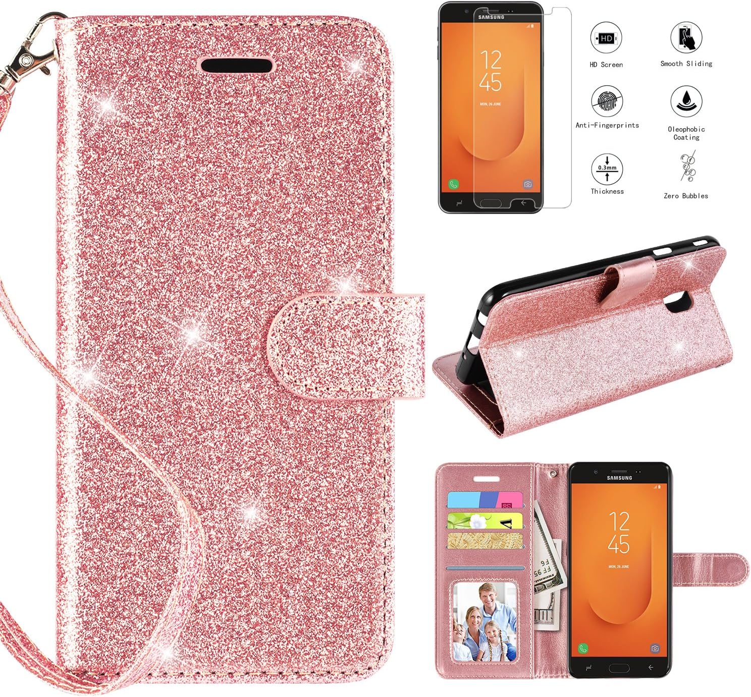 Samsung Galaxy J7 Refine Case,Samsung Galaxy J7 2018 Case,Samsung Galaxy J7V 2018 J7 V 2nd Gen/Galaxy J7 Star/J7 TOP Wallet Case w Screen Protector Kickstand Card Slots 2 in 1 Cover,Rosegold