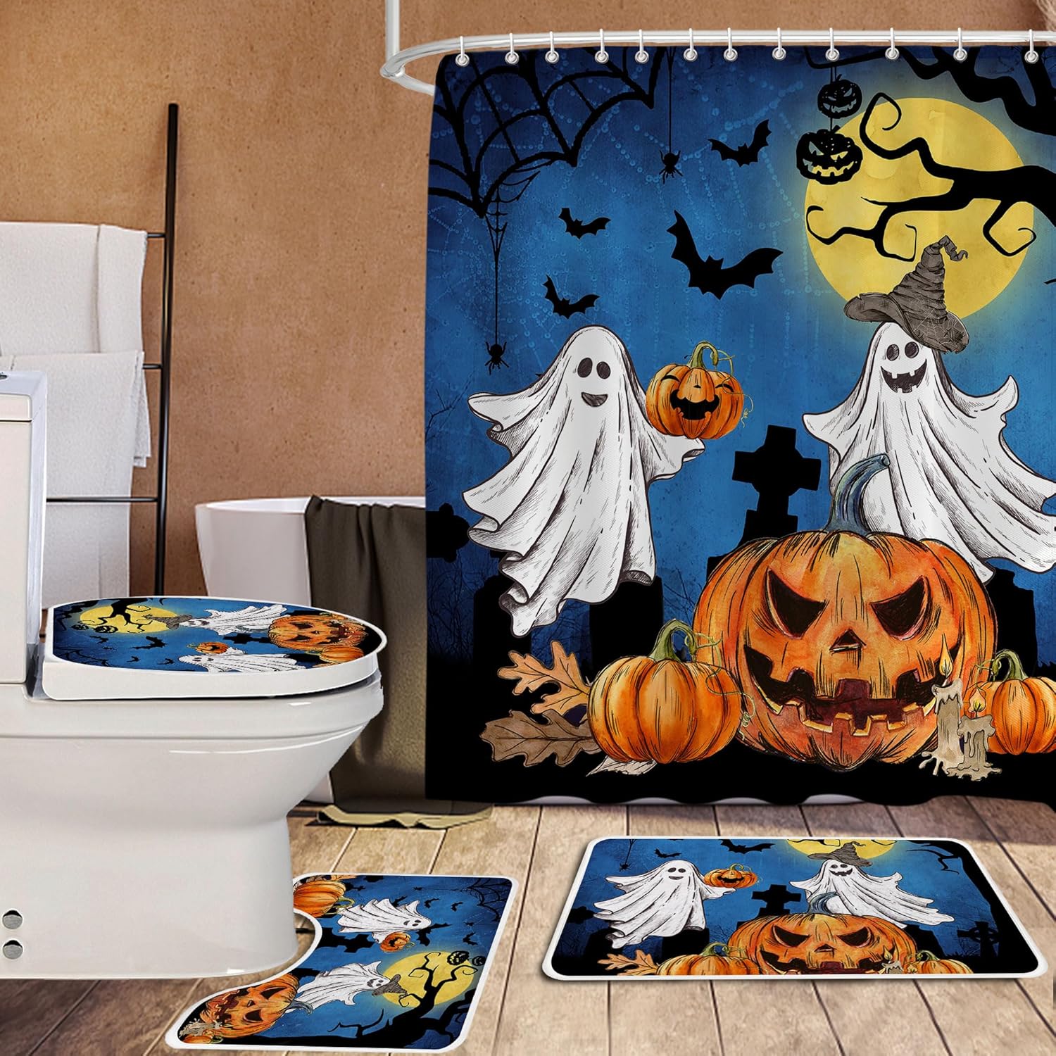 Halloween Shower Curtain Set for Bathroom,4 Piece Spooky