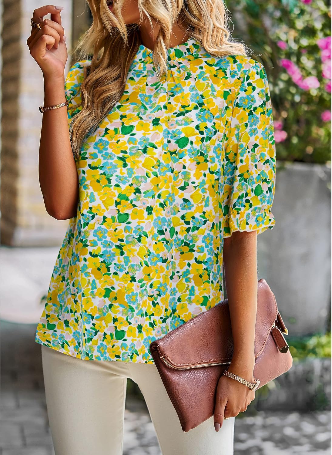 ZILIN Women's Summer Boho Floral Shirt Top Ruffle Mock Neck Puff Short Sleeve 2026 Casual Blouses image 3