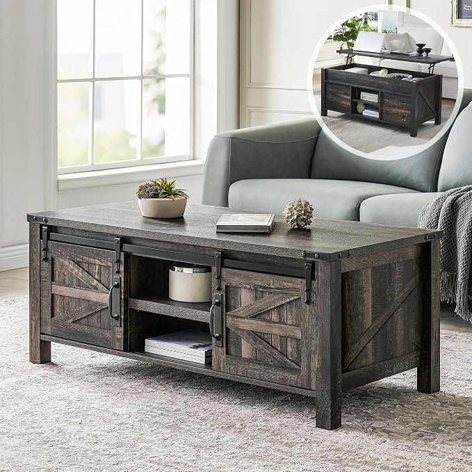 OKD 48" Farmhouse Lift Top Coffee Table with Sliding Barn Door,Rustic Center Table with Hidden Storage Compartment,Lifting Tabletop and Adjustable Shelf for Living Room,Office,Dark Rustic Oak
