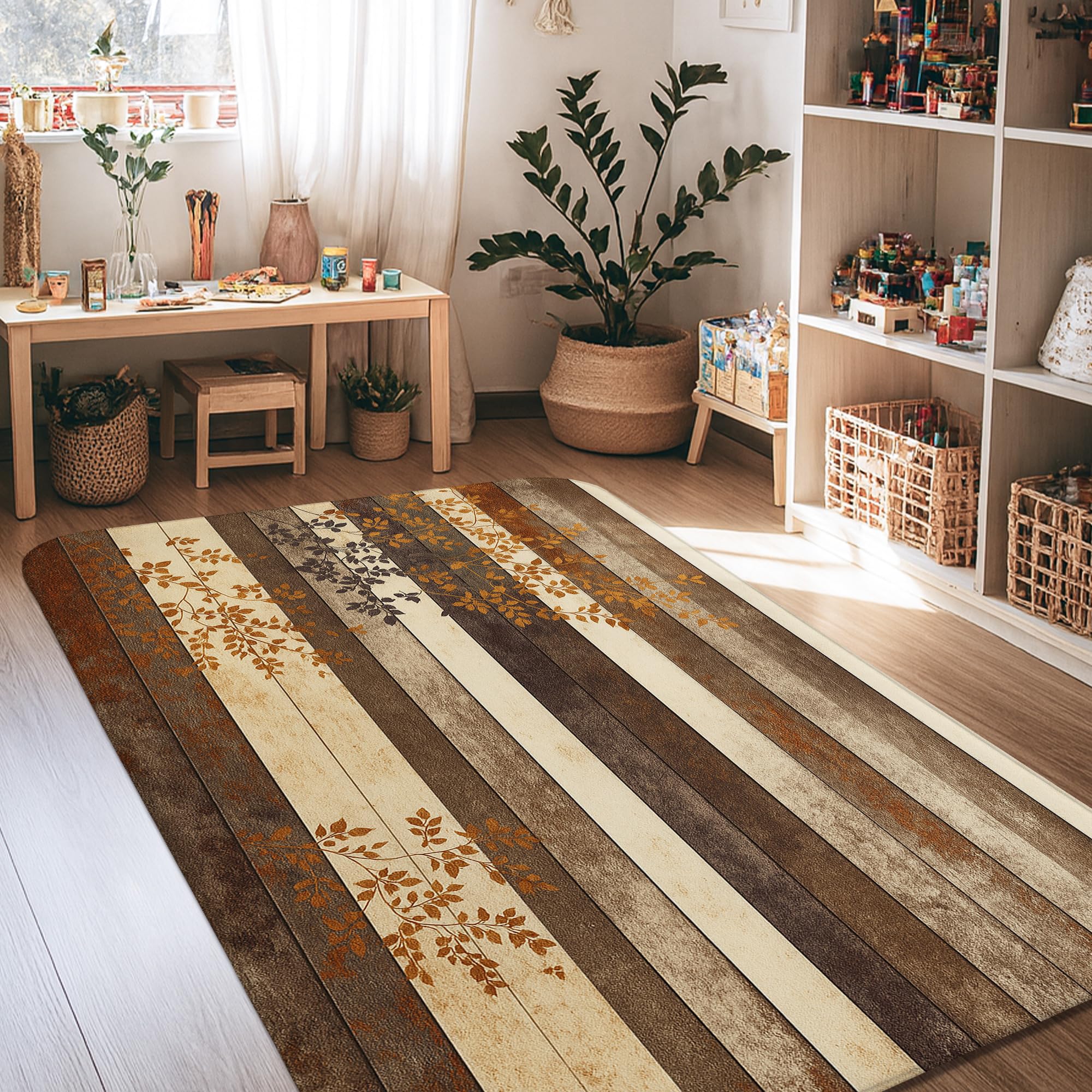 Tapis à poils courts marron automne avec motifs branches de 1,2x1,8m