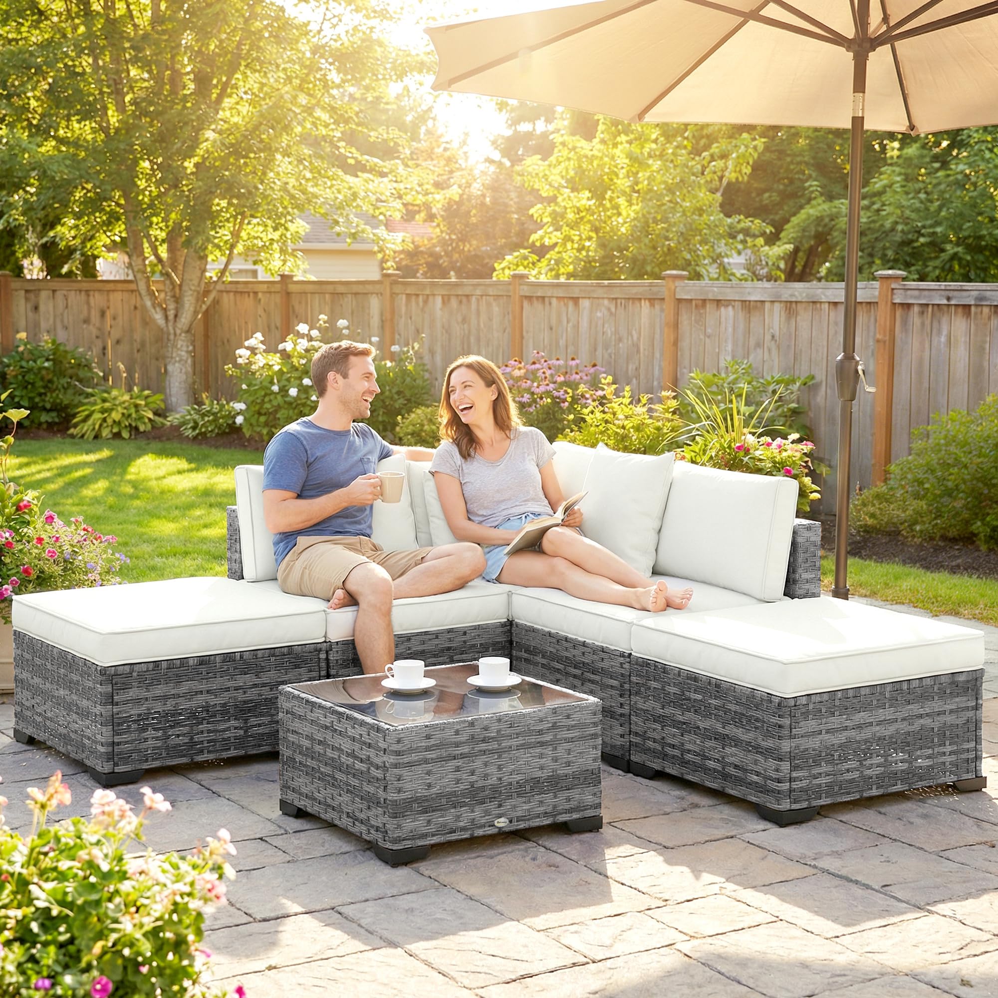 Outsunny Set Salotto da Giardino in Rattan 6 Pezzi, Set di Mobili da Giardino ad L con Divani senza Braccioli, Sedia Angolare, Poggiapiedi, Cuscini, Tavolino, Salottino da Esterno Patio, Grigio Misto