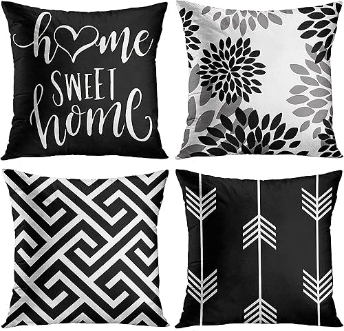 Emvency Juego de 4 fundas de almohada modernas geométricas abstractas en negro, blanco y gris, diseño de flechas florales dulces, fundas de almohada