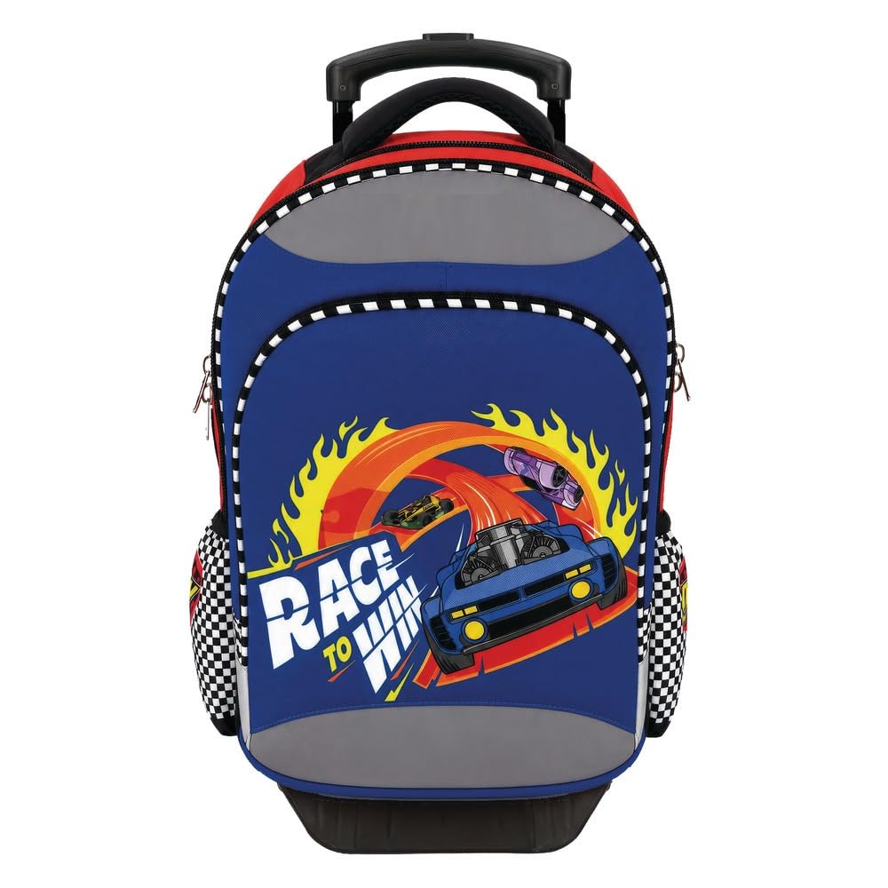 PRESTIGE & DELUXE Trolley Zaino Scuola compatibile con Hot Weels Versione Tonda organizzato 3 Scomparti zip per bambini + Diario 2026/2027 + kit penne e portachiave fischietto