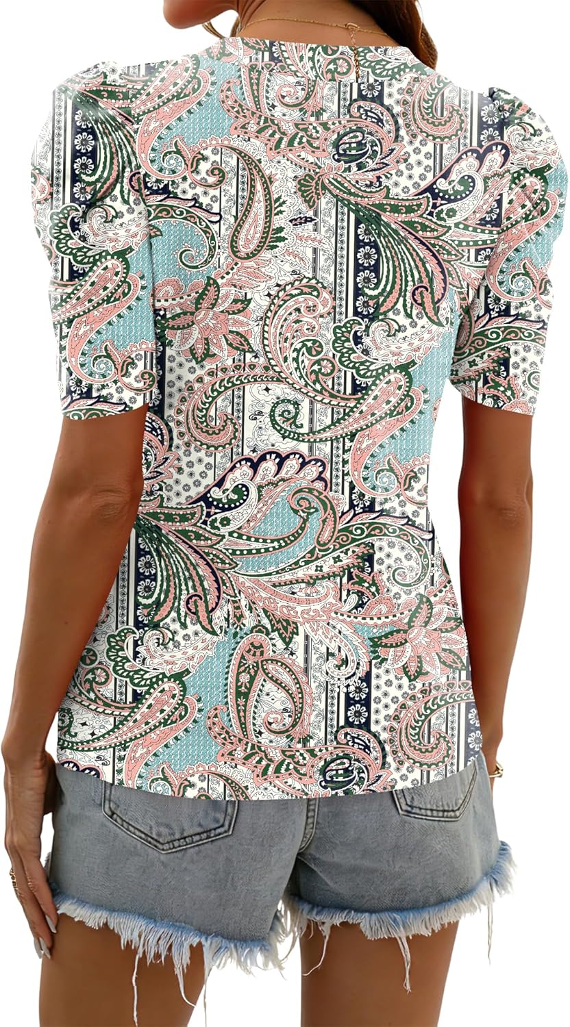 IECCP Women V Neck T Shirts Puff Short Sleeve Tops Fashion Dressy Casual Tunic Loose Fit Blouses - Image 6