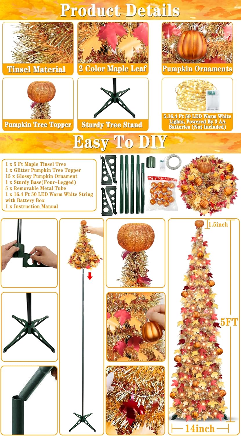 5 FT Fall Tree Fall Decor, Pop Up Tinsel Maples Tree with 50 Warm White Lights Orange Pumpkins Battery Operated Lighted Halloween Tree Fall Decorations for Home Harvest Thanksgiving Party Indoor
