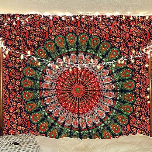 Miniatura 66 de Tapiz hippie indio bohemio psicodélico dorado mandala de pavo real azul dorado para colgar en la pared (naranja marrón, King (88 x 104 pulgadas)
