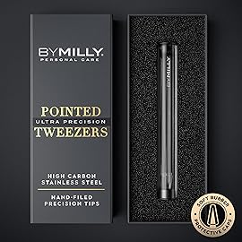 By MILLY Pointed Tweezers | High Carbon Stainless Steel Needle Nose | Fine Point Precision Hair Removal | Perfectly Aligned & Hand-Filed Sharp | Black