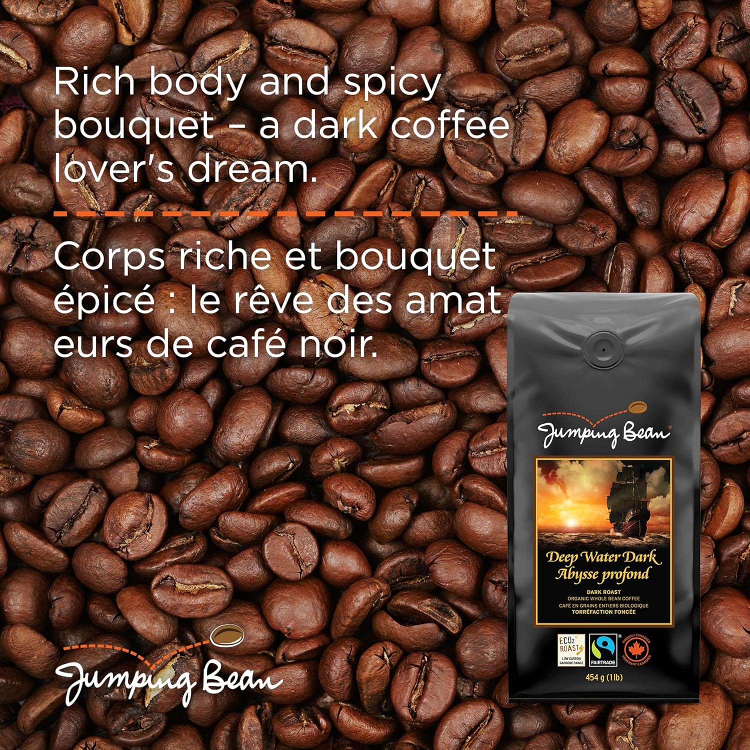 Jumping Bean Organic Deep Water Dark Whole Bean Coffee, 454 GR