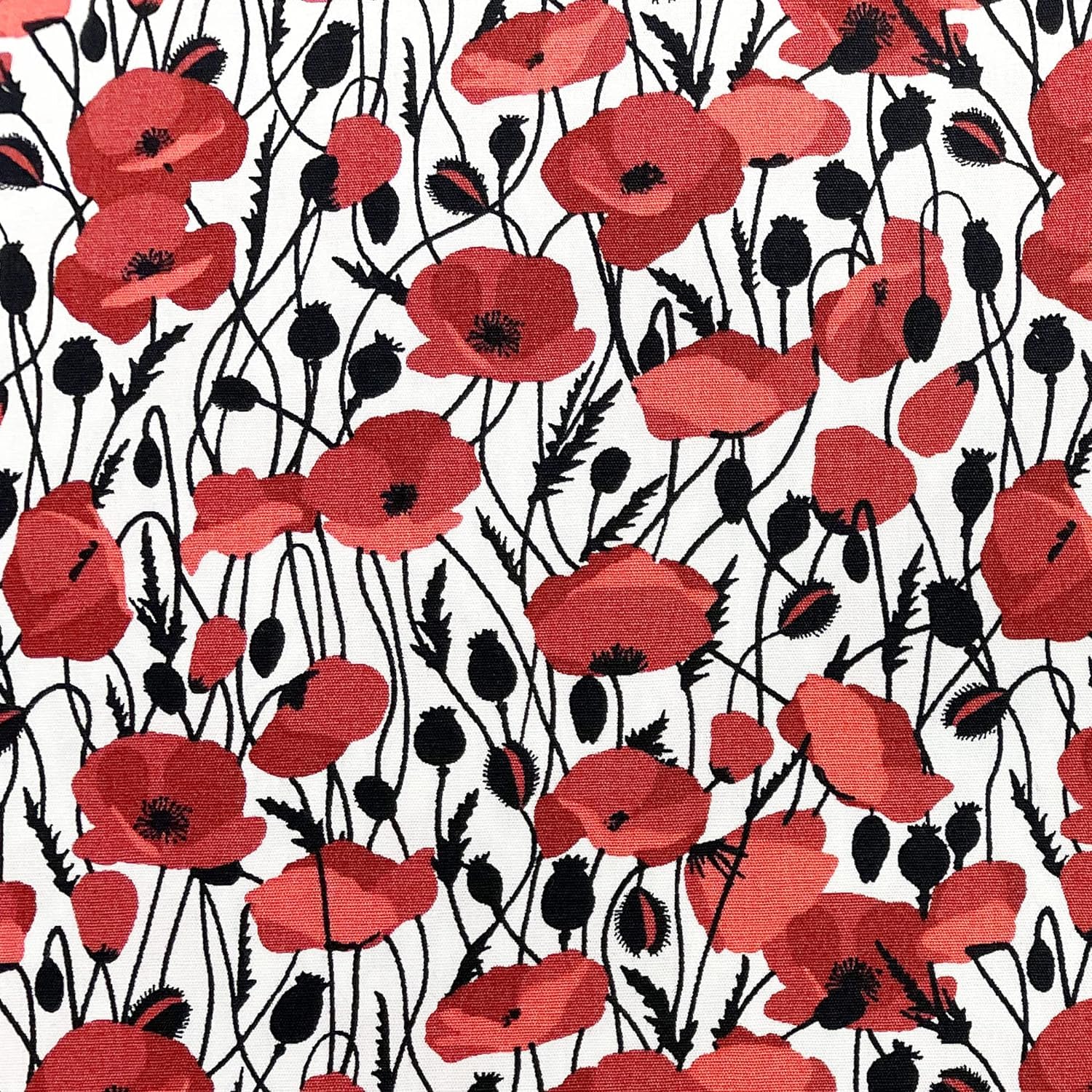 Oddies Red Cotton Poplin Fabric - Poppy & Black Leaf On Ivory - Craft Fabric Material Metre, 112Cm