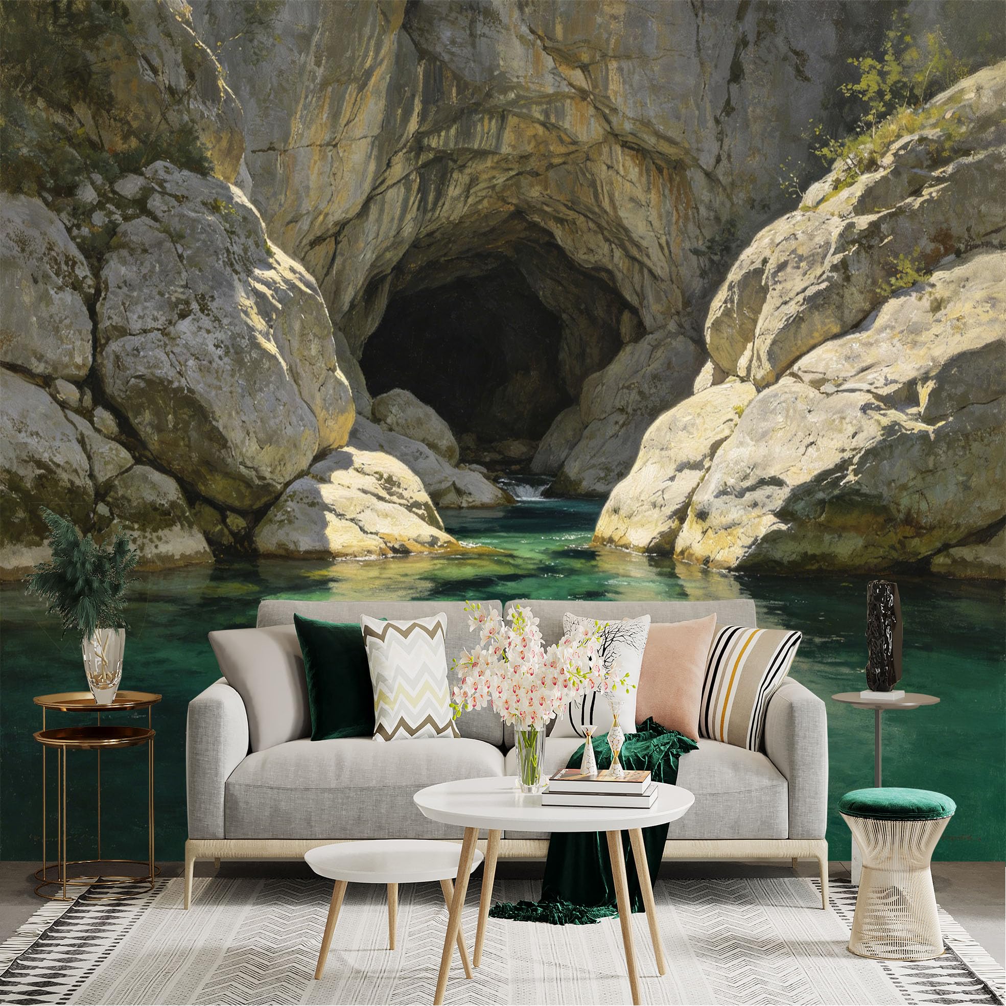 Lnzczhyre Dbh260521278 Custom Size Wall Sticker Mural， Natural Rocky Cave， Clear Turquoise Water Stream， Sunlit Mountain Scenery， Serene River Landscape， For Wall Decoration， Peelandstick Wall Decals.
