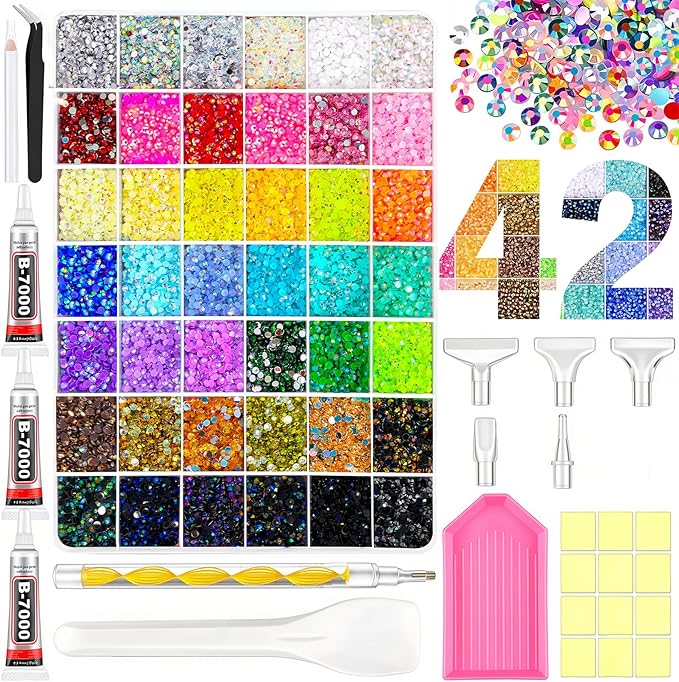 40000 Pcs Resin Jelly Rhinestones for Bedazzling, Mix Colors Bedazzling Kit with 3MM SS12 Colorful Resin Flatback Gems & B7000 Jewelry Glue for DIY craftsfor & Crafts Gifts