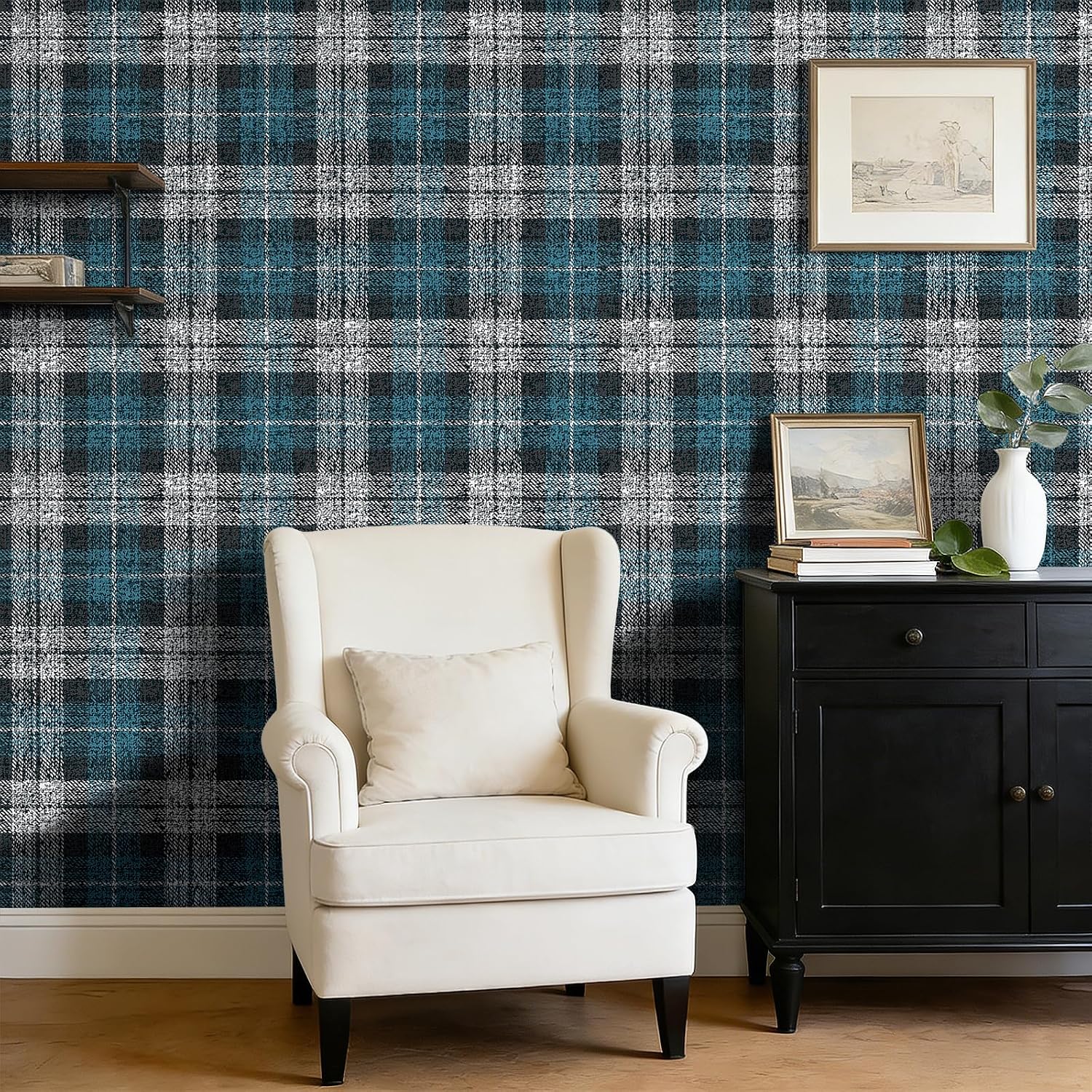 17.5x393" Blue Plaid Peel and Stick Wallpaper Renter Friendly Dark Teal Moody Plaid Wallpaper for Bathroom Boys Room Kitchen Contact Paper Vintage Traditional Linen Fabric Gingham Masculine