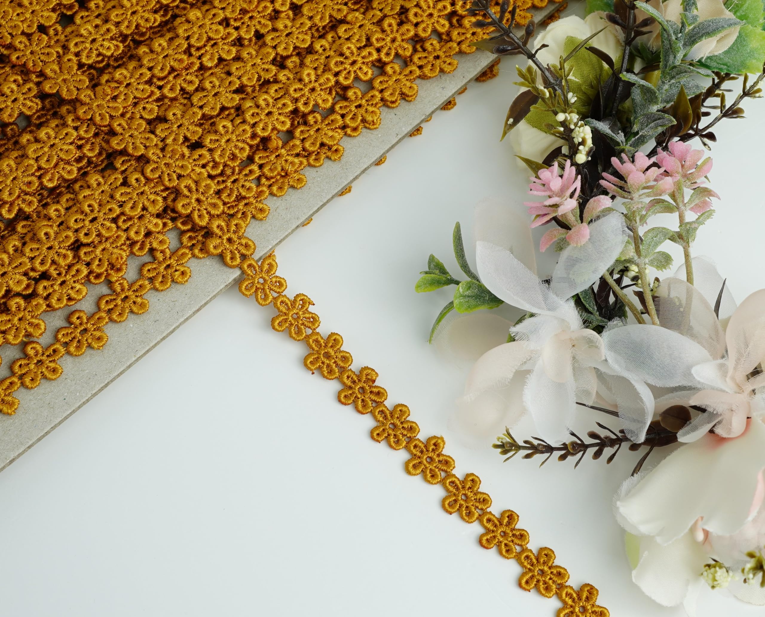 Feathers Creation 10 MM Wide 3 Yard Beautiful Daisy Flower Lace, Ribbon Trim Colours Sewing,Embellishment Sewing,Doll Dress Dressmaking, Costume Design Home dΓ©cor,DIY Craft (Golden Yellow)