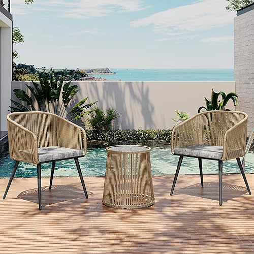 EAST OAK 3-Piece Patio Bistro Set, Patio Conversation Bistro Set with 2 Wide Ergonomic Chairs, Cushions & Glass Top Side Table, Outdoor All-Weather Wicker Furniture for Porch, Backyard, Brown & Grey