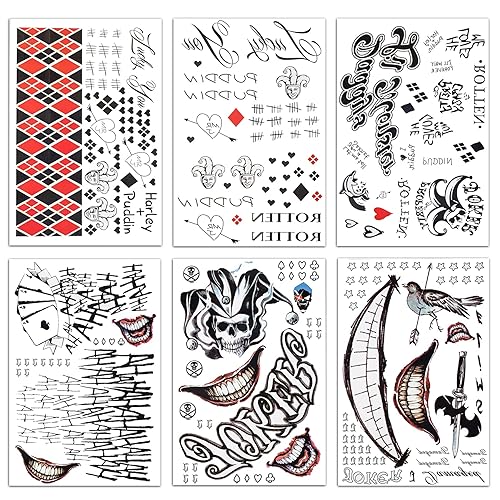 6 hojas de tatuajes Joker & Harley Quinn, realistas y de larga duración de Halloween falsa temperatura para hombres, mujeres y adultos, todas las