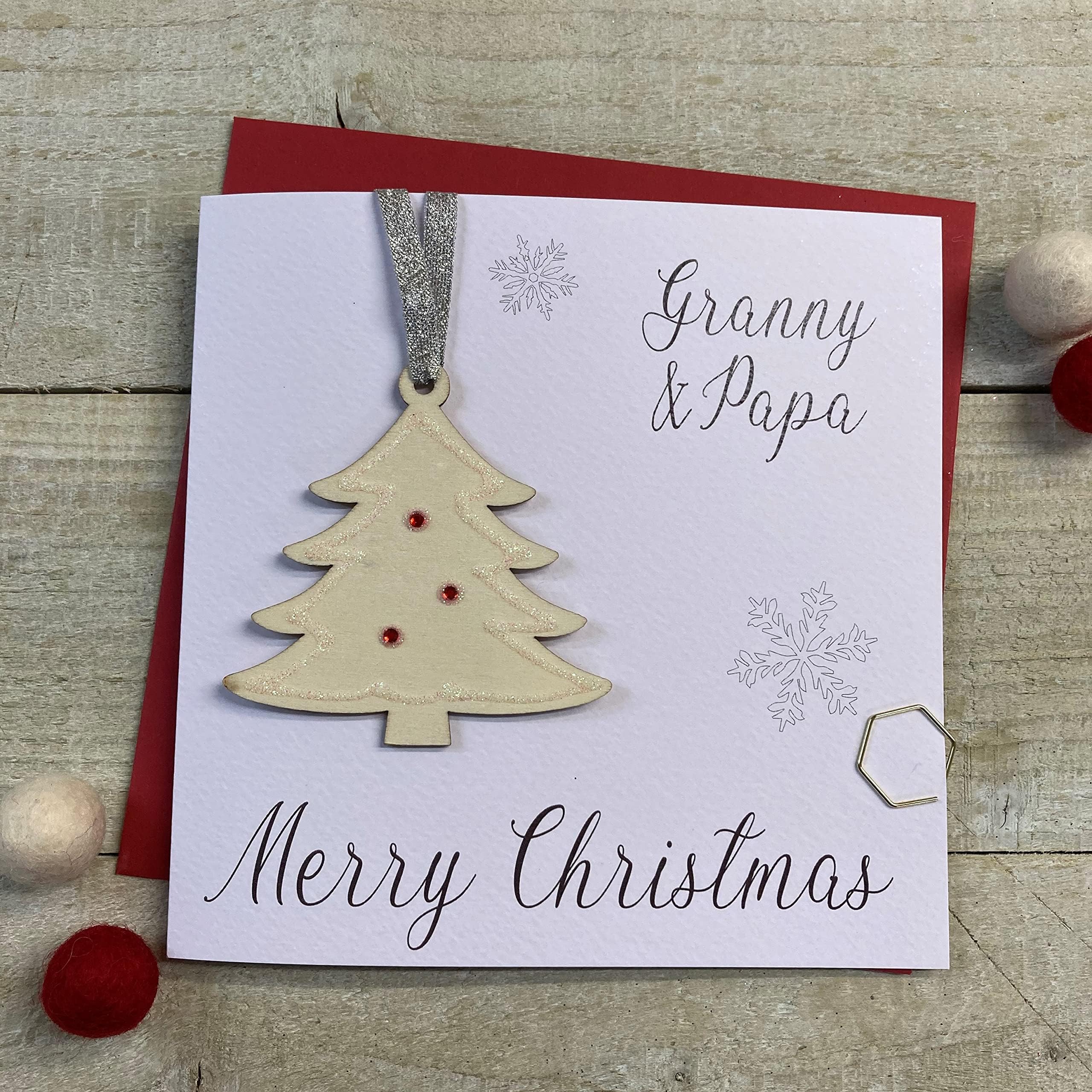 Granny & Papa - Christmas Tree Glittered Wooden Bauble (XB1-GRYP) Handmade by White Cotton Cards