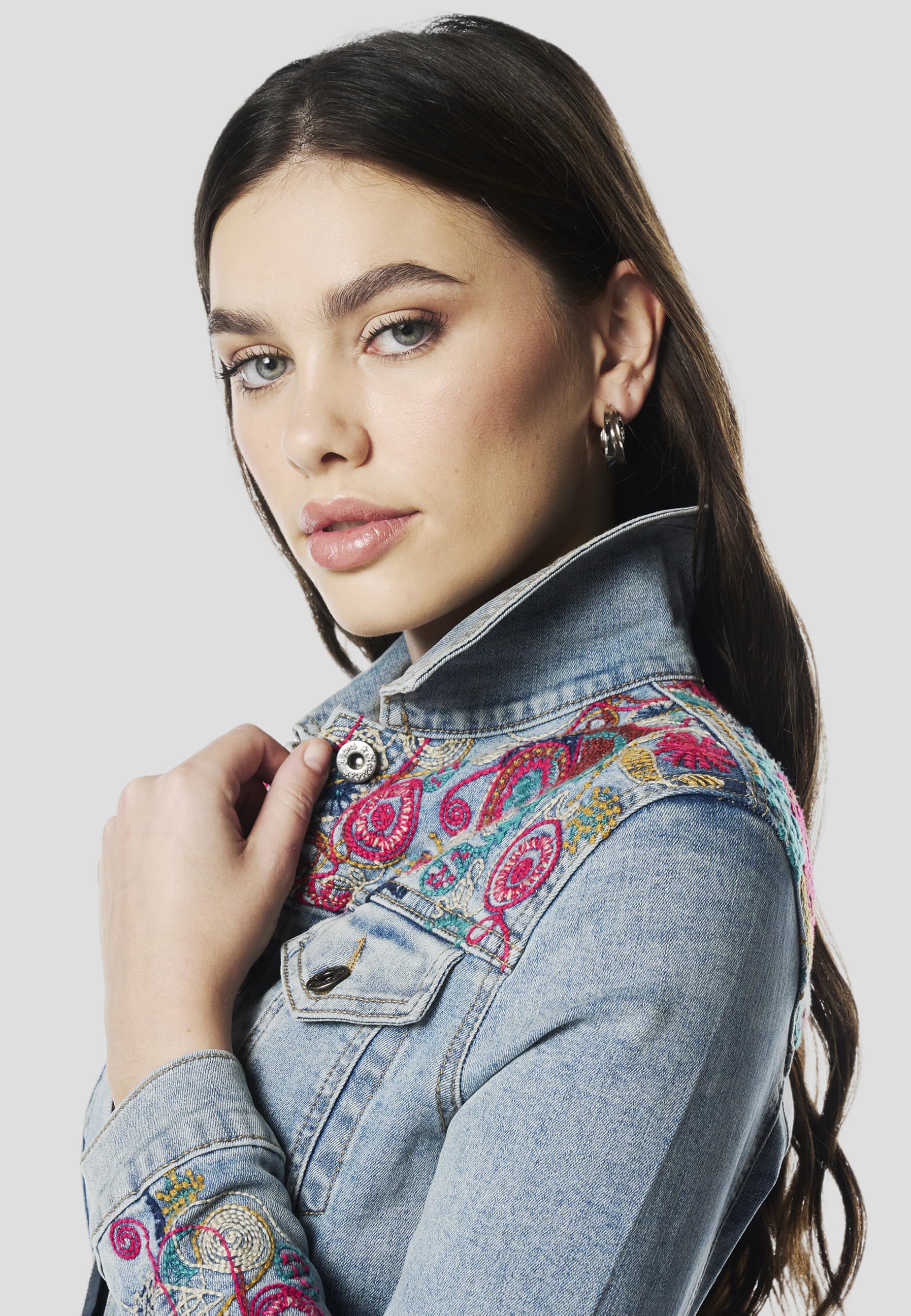 Koroshi Cazadora Chaqueta Vaquera Denim Corta Mujer Azul Bordado Floral