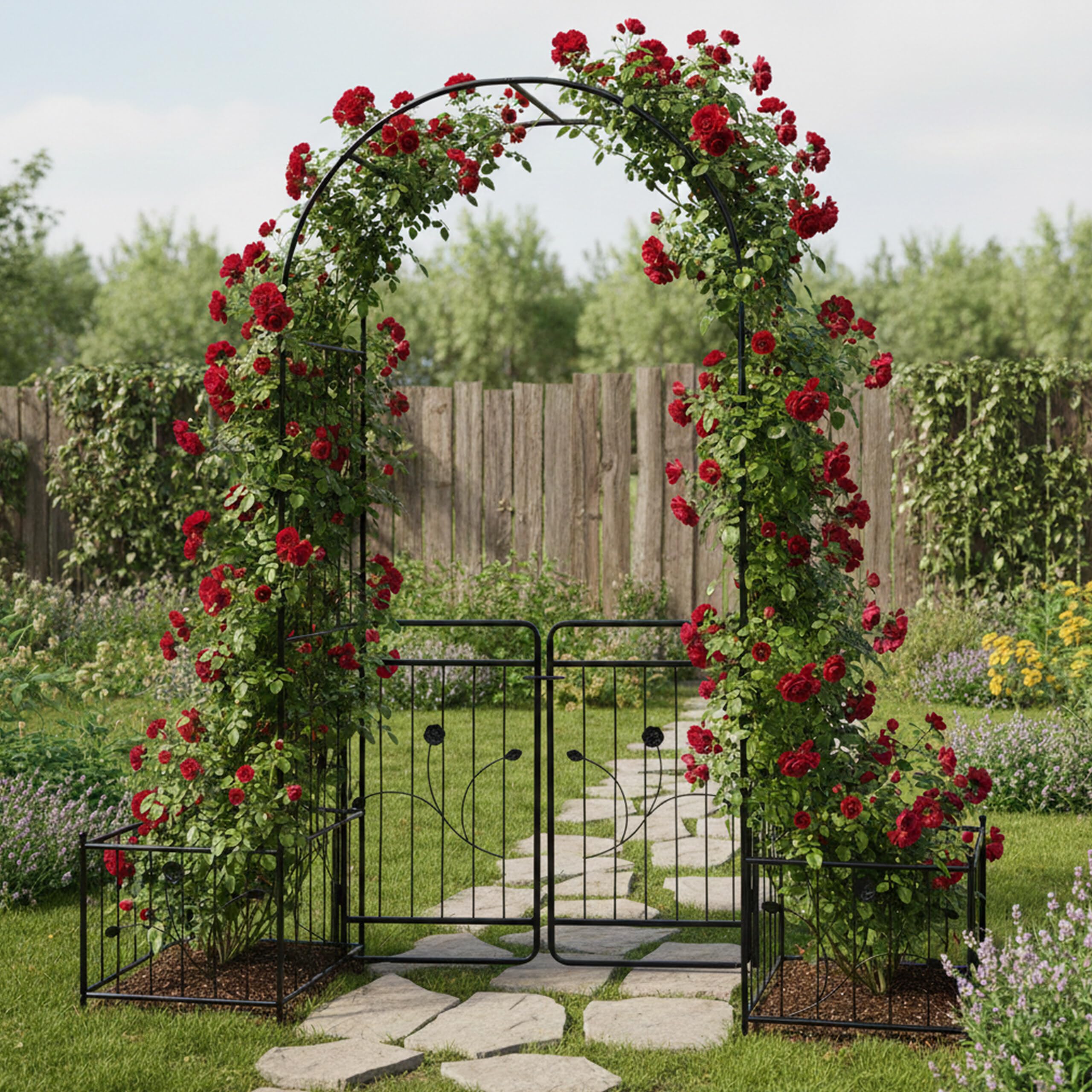 Relaxdays Rosenbogen Metall, Rundbogen mit Tor & 2 Pflanzkästen, HBT: 220x202x50 cm, Rankbogen Garten, Rosentor, schwarz