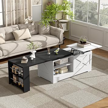 Lift Top Coffee Table, Farmhouse Center Table with Sliding Barn Door and Hidden Storage Compartment, Wood Cocktail Table for Living Room Bedroom Home Office, White and Black