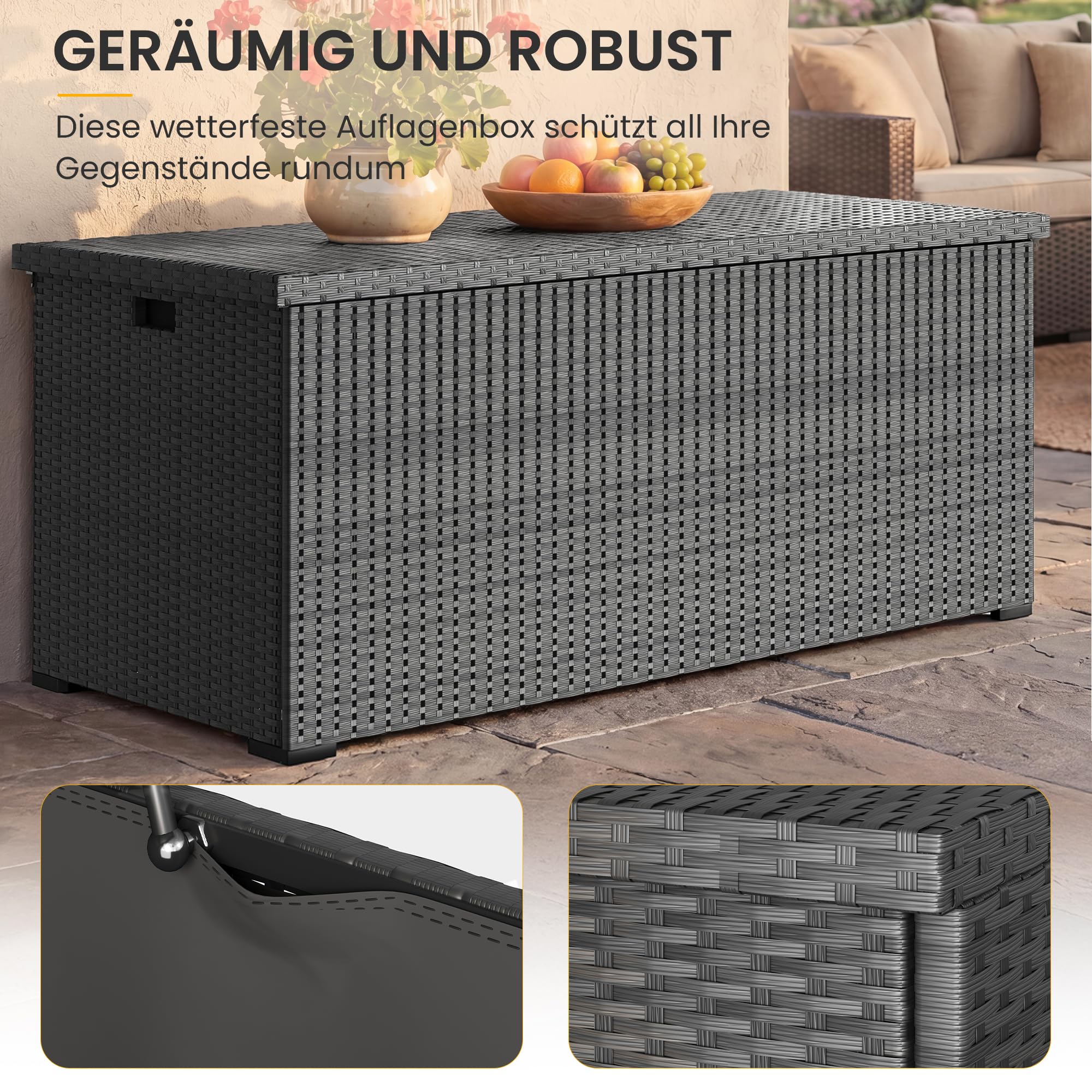 UDPATIO Gartenbox Wasserdicht 650L, Aufbewahrungsbox Garten XXL, Auflagenbox Wetterfest, Kissenbox Outdoor mit Deckel, Gasdruckfedern, ideal für Garten, Terrasse & Balkon | Grau