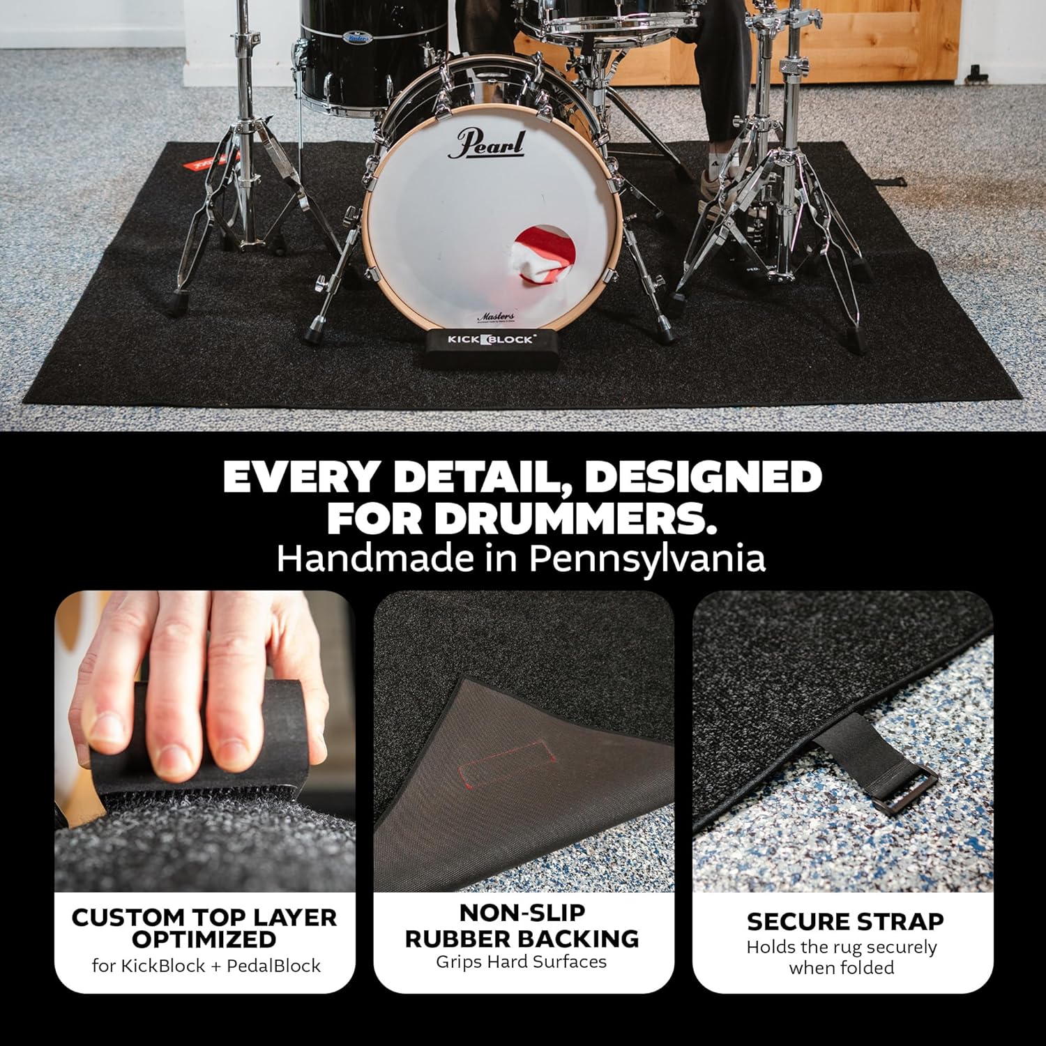 KickBlock Drum Rug 6'6" x 5'6" – Non-Slip Rubber Backing with Gig Bag Included – Drum Mat for Acoustic and Electronic Kits – Folds Compact for Travel – Drum Set Rug – Made in USA