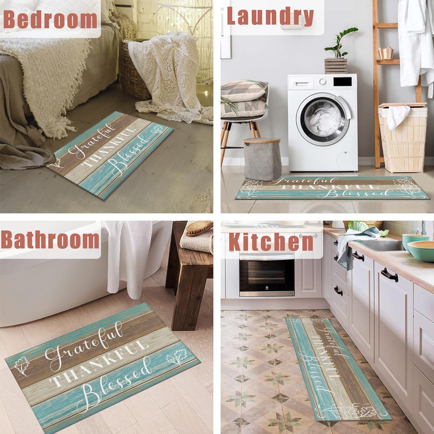 Grateful Thankful Blessed Kitchen Rugs Set of 3 Grey Non-Slip Kitchen Rug and Mat Comfort Kitchen Floor Rug Farmhouse Thanksgiving Decor image 5