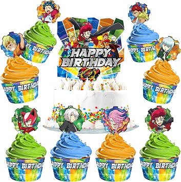 Treasures Gifted Officially Licensed BEYBLADE BURST Cake Topper Set - 1 BEYBLADE Cake Topper & 24 BEYBLADE Cupcake Topper & Wrappers - BEYBLADE Birthday Party Supplies - BEYBLADE Party Supplies