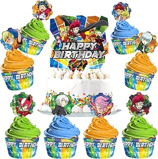 Treasures Gifted Officially Licensed BEYBLADE BURST Cake Topper Set - (1) BEYBLADE Cake Topper & (24) BEYBLADE Cupcake Topper & Wrappers - BEYBLADE Birthday Party Supplies - BEYBLADE Party Supplies