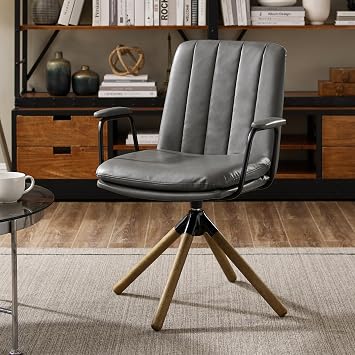 Zouron Swivel Mid Century Modern Office Chair, Ergonomic Desk Chair for Living Room, Computer Chair PU Leather Home Office Chair with Oak Wood Legs, Gray, No Wheel