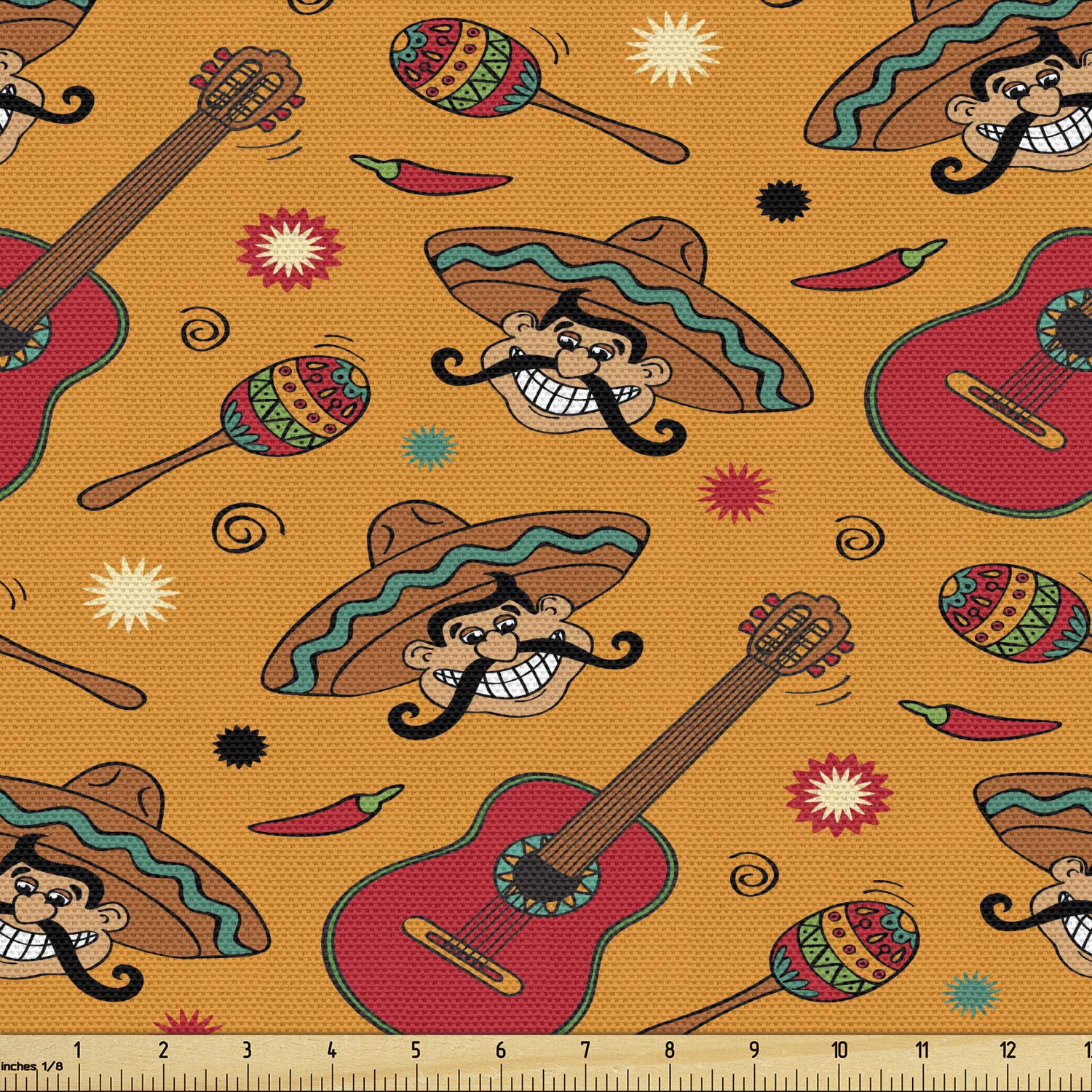 Lunarable Fiesta Party Fabric by The Yard, Repeated Pattern Mexican Motifs Sombreros Chili Peppers and Guitars, Decorative Fabric for Upholstery and Home Accents, 2 Yards, Marigold